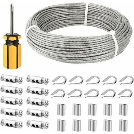 Ikodm – Câble en acier inoxydable 3mm 50m – Revêtement PVC anti-abrasion – Manchons et cosses inclus – Résistant à la corrosion (1/5)
