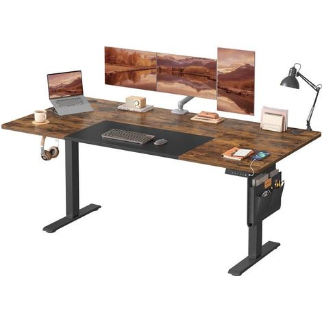 Bureau électrique réglable en hauteur 180 x 80 cm fonction mémoire 4 hauteurs ergonomique style vintage en panneau de particules marron (1/2)