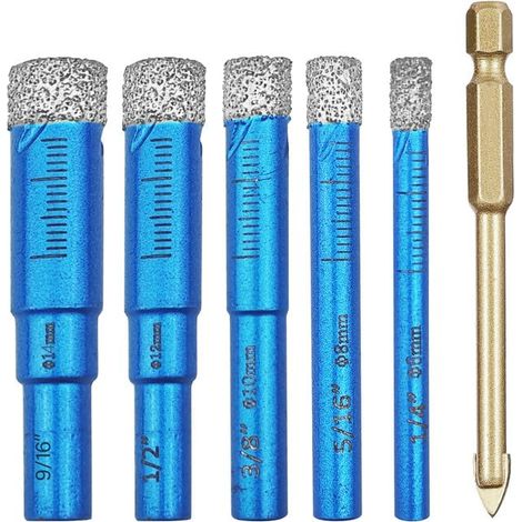 6 Pièces Foret Diamant Carrelage, Meche Carrelage, 6, 8, 10, 12, 14 mm Trépan Diamant et 6mm Foret en Alliage, Perçage à Sec et Humide, Foret Céramique pour Céramique, Granit, Marbre (1/5)