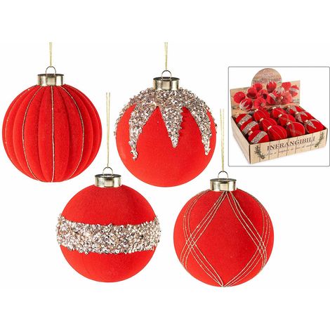 Palline di Natale in finto vetro rosso infrangibile con decori brillanti da appendere, in espositore da 12 pezzi, set da 12 pezzi, Ø 9,5 cm