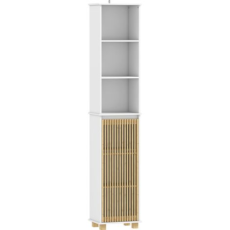 Colonne bambou salle de bain, meuble rangement blanc avec porte à lattes et étagères ouvertes (1/5)