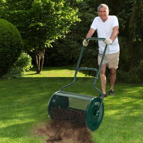 Esparcidor de abono de 68 cm de ancho con barras laterales mejoradas y mango en forma de u verde