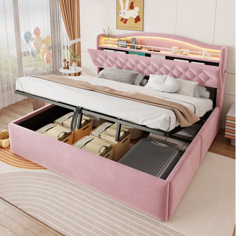 Bett 180x200 cm Rosa aus Stoff und Metall mit hydraulischem Stauraum, LED-Beleuchtung und USB-Anschlüssen (1/5)