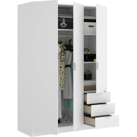 Dmora - Armoire Cimone, Portemanteau pour chambre, Armoire avec 3 portes battantes et 3 tiroirs, 121x52h184 cm, Blanc, avec emballage renforcé