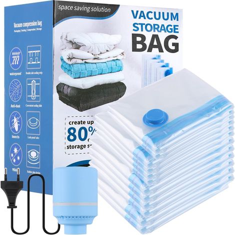 Lot de 12 sacs sous vide avec pompe électrique (2 x 60 x 40 cm, 4 x 70 x 50 cm, 4 x 80 x 60 cm, 2 x 100 x 80 cm, 1 pompe à vide) pour couettes, sacs de rangement, vêtements d'hiver, vêtements (1/5)