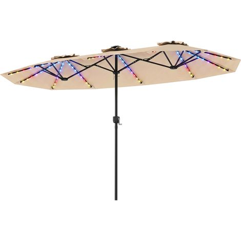 Parasol de Jardin Double 400 x 210 cm, Grand Parasol Rectangulaire avec LED, Manivelle Pratique, Mât Métal Ventilé, Structure à 12 Baleines, Beige (1/5)
