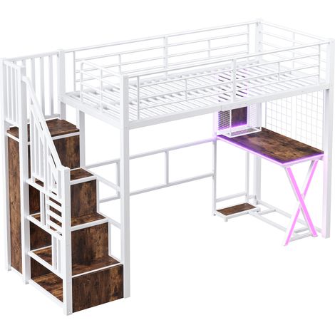Lit mezzanine 90200 cm, avec lampes LED, escalier avec rangement, bureau, armoire, étagères, sans matelas, blanc (1/5)
