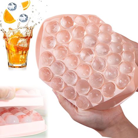 Moule à Glaçons Rond avec Couvercle, 37 Compartiments Moule à Glaçons BPA-Libérer avec Trou de Drainage, Boule à Glaçons pour Boissons, Whisky, DIY Projets, Glaçons aux Fruits - Rose (1/5)