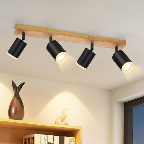 GBLY LED Deckenleuchte Deckenstrahler 4 Flammig - Deckenlampe GU10 Holz Schwarz 350° Schwenkbar Küchenlampe Vintage Deckenspots Industrial für Flur Küche Wohnzimmer Schlafzimmer (Ohne Leuchtmittel)