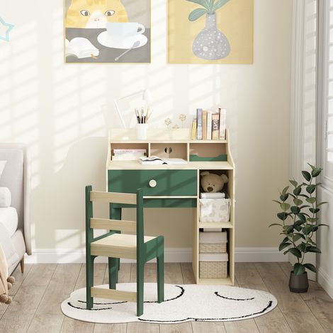 Ensemble bureau et chaise pour enfant avec étagères de rangement et tiroir, mobilier pour enfants de 3 à 10 ans, vert (1/5)
