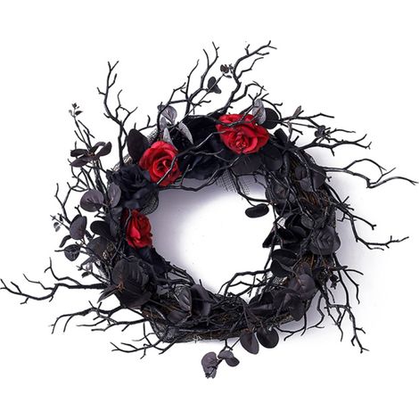 Couronne Halloween - 40 cm - Branches Séchées et Roses Rouges - Décoration Porte Extérieure Intérieure - 1 Pièce