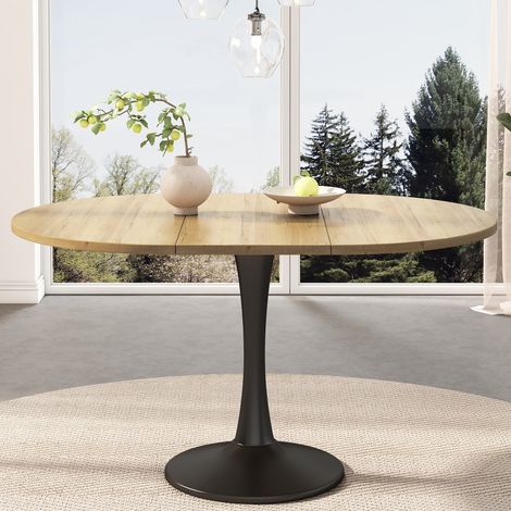 Table de salle à manger extensible, table ovale, table basse/de détente, longueur 100/140 x largeur 100 x hauteur 75 cm, style moderne et épuré, coloris chêne (1/5)