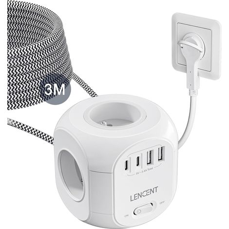 Multiprise avec Interrupteur Cube Secteur Fiche Plate 4 Prises 2 USB et 2 Type C, Multiprise USB Parafoudre et 4 Interrupteurs Rallonge Electrique 3M Câble la Maison et Bureau Tressé Câble (1/5)