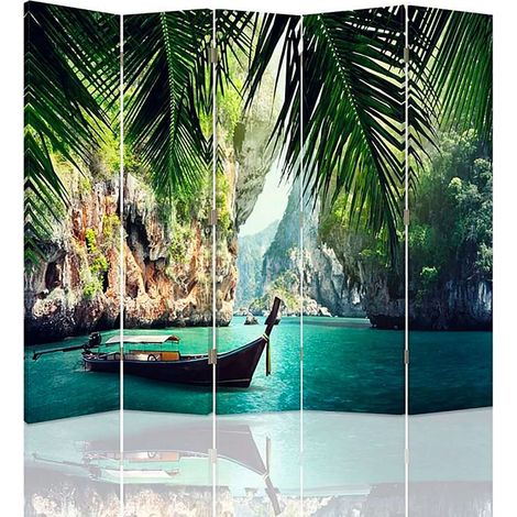 Paravent Déco Tropicale et Bateau pour Intérieurs Exotiques - 180 x 180 cm - 2 faces R° V° + rotation 360°