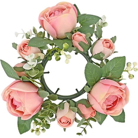 Couronne artificielle de roses et de verdure, porte-bougie pilier décoratif pour porte ou centre de table de salon-Pink (1/5)