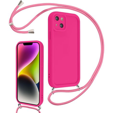 Coque pour iPhone 14 6,1" avec Cordon de Collier Réglable, Etui Protection de la Caméra Silicone Souple TPU Antichoc Housse avec Corde Lanyard Cover pour Femmes Filles, Rose Rouge (1/5)