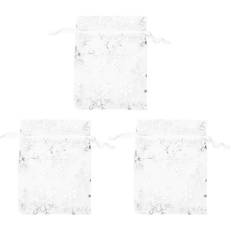 300 Pcs Organza Cadeau de Mariage Sacs Cordon Bijoux Poche Sacs Argent Blanc Flocons de Neige Imprimé Sheer Party Favor Sacs (1/4)