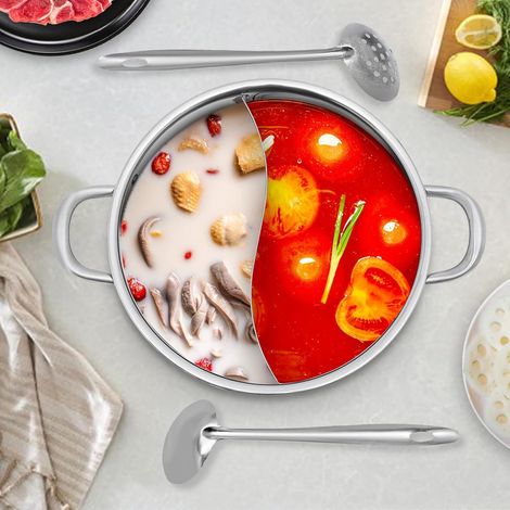 Casserole en acier inoxydable avec séparateur, casserole avec cuillère/cuillère à lécher, marmite en acier inoxydable antirouille pour hôtels, restaurants, maisons privées (argent, 32 cm)
