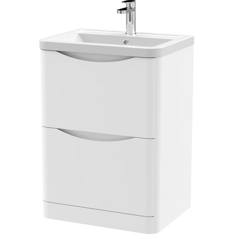 Dunwood Contemporary 2 Drawer Floor Standing Vanity Unit with Basin, Satin White, 600mm