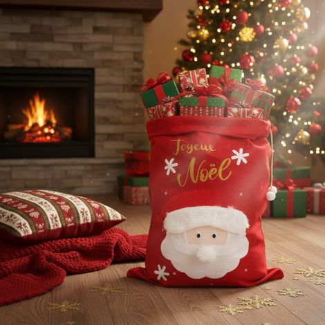 Grande Hotte de Noël XL 100x60 cm – Sac Cadeaux 3D Brodé "Joyeux Noël" avec Motif Père Noël, Décoration et Emballage Fêtes