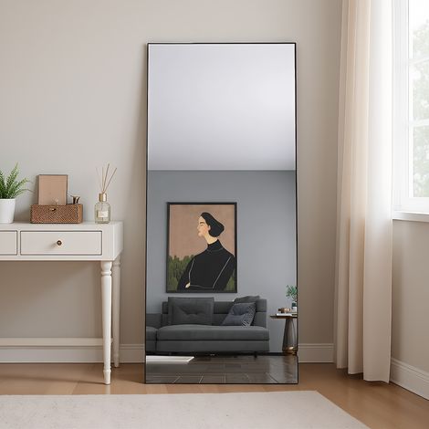 Ganzkörperspiegel 180 x 80 cm, rechteckiger Standspiegel mit Rahmen and Aluminiumlegierung, Rechteckig Schlafzimmerspiegel mit robustem Glas, für Schlafzimmer, Wohnzimmer und Garderobe, Schwarz (1/5)