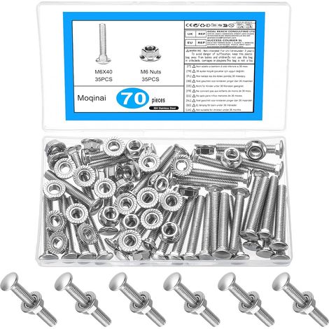 70 Pièces Boulons Carriage M6 x 40 mm, Boulons à Tête Bombée avec Écrous à Bride, Vis en Acier Inoxydable pour Portes et Portails, Vis à Tête Ronde avec Écrous (1/5)