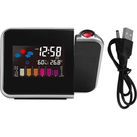 Dieser digitale LED-Projektionswecker mit LCD-Bildschirm, ewigem Kalender und Wetteranzeige zeigt Uhrzeit, Temperatur und Datum an und kann über USB aufgeladen werden.
