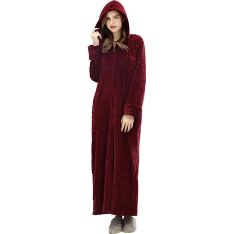 Peignoir Femme Chaud à Capuche Fermeture Éclair Flanelle Polaire, Peignoir d'Hiver Maison, Nuit Robe de Chambre Pyjama (1/5)