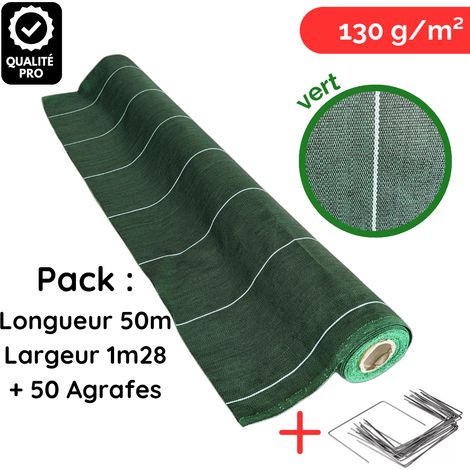 Toile de paillage avec agrafes Longueur 50m Largeur 1,28m anti mauvaises herbes Coloris Vert 130gr m2 ZENLYS tissée Pack Lot (1/5)