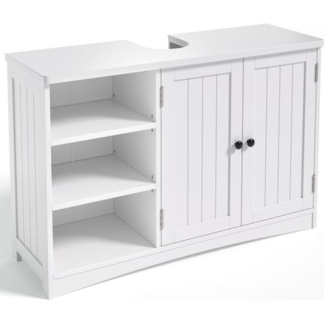 Bealife Mueble bajo lavabo para baño con base, 2 puertas y 3 estantes abiertos regulables, 90 x 30 x 60 cm, Blanco