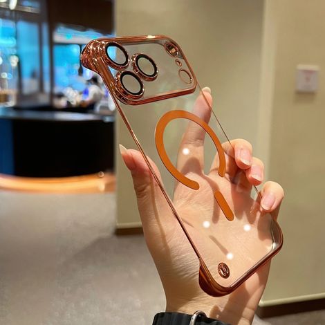 (Orange, iPhone 16 Pro Max) Coque de téléphone ultra-mince sans cadre en polycarbonate électroplaqué, compatible avec la recharge sans fil MagSafe.
