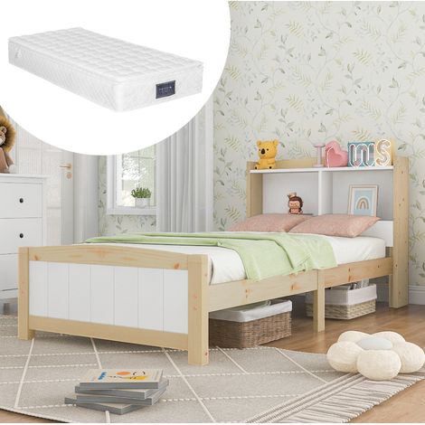 Bett aus Massivholz in Weiß/Natur 90x200 cm mit Stauraum-Kopfteil, Lattenrost und Federkernmatratze (1/5)