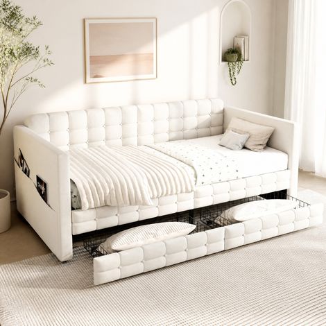 Cama tapizada 90x190 cm beige de terciopelo con 2 cajones y bolsillos laterales (1/5)