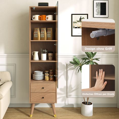 Meuble haut moderne avec porte vitrée, armoire vitrine à étagères réglables et 2 tiroirs, meuble de rangement sur pied pour salon, salle de bain et bureau, finition aspect bois (1/5)