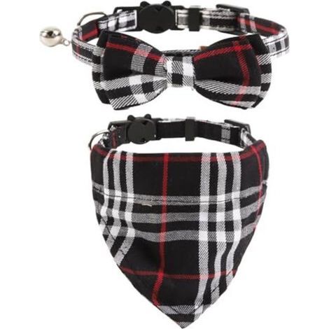 2pcs Colliers pour chats avec cloches Noeud papillon amovible Bandana, collier pour chaton, Bandana, noeud papillon pour chien, Collier Chat avec Boucle de Sécurité Ouvrable Facilemen, noir (1/4)