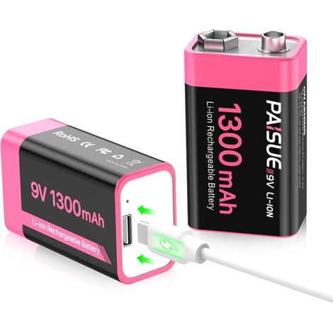 Piles 9V Rechargeables, 1300mAh Lithium-ION 9 Volt Piles carrées avec Port de Charge USB-C Rapide (Pack de 2) (1/5)