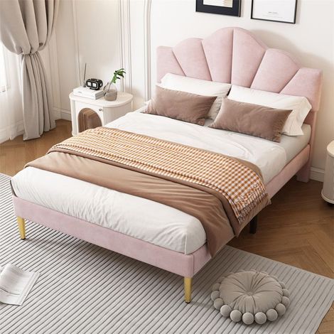 Lit rembourré 140 x 190 cm en velours - sommier à lattes, tête de lit réglable, rose