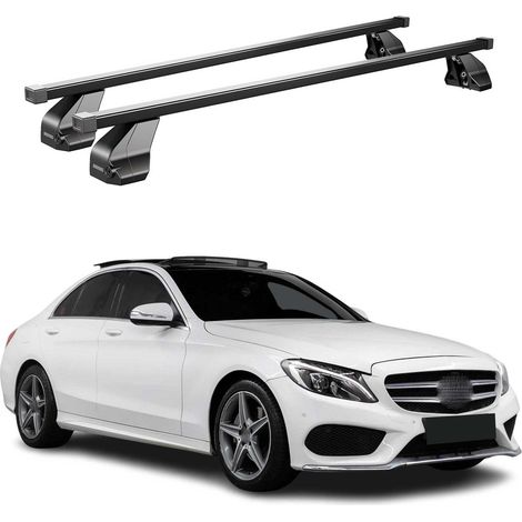 OMAC Barres de toit transversales en acier pour Mercedes Classe C W205 2014-2021 – Antivol inclus – Testées City Crash – DIN 75302:2019 – ISO/PAS 11154:2006 – Charge max 75 kg Noir