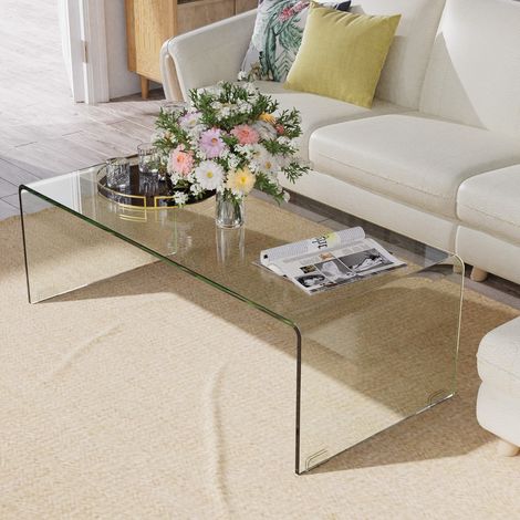 Table Basse Rectangulaire en Verre Trempé 108x50x35 CM Table de Salon en Forme de U avec Bords Arrondis Lisses Charge 30KG CW96123 (1/3)