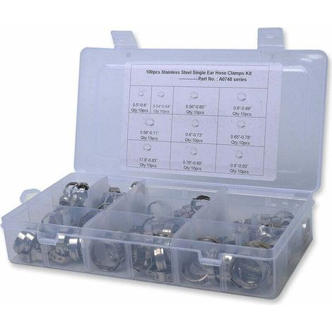 Sortiment an Schlauchschellen mit durchgehendem Ohr, Crimp-Schlauchschellen-Set, 100-teilig, 7–15 mm, Edelstahl 304