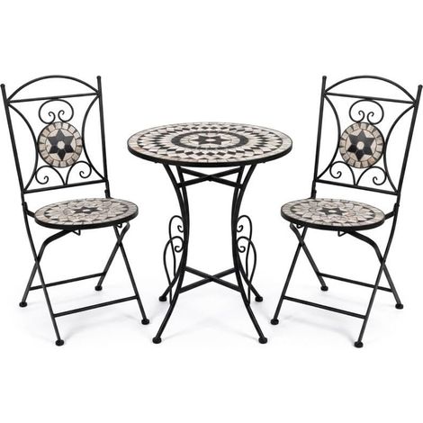 Ensemble de Table et 2 chaises de Jardin en métal et Pierre Noire et Pierre 72 x 60 x 60 cm (1/5)