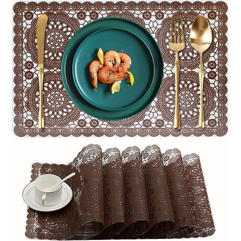 Set mit 6 wasserdichten Kunststoff-Tischsets für den Esstisch, leicht zu reinigen und abwaschbar, aus braunem PVC-Vinyl, für die Küche.