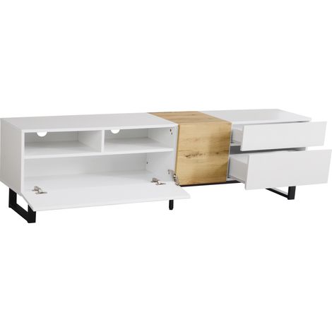 Meuble TV moderne 180 x 38 x 50 cm en MDF blanc et bois avec pieds en métal noir (1/5)
