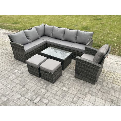 Fimous Rattan Lounge Corner Sofa Set Wicker PE Outdoor Garden Furniture Set with Rectangular Coffee Table 2 Small Footstools Chair Dark Grey Mixed