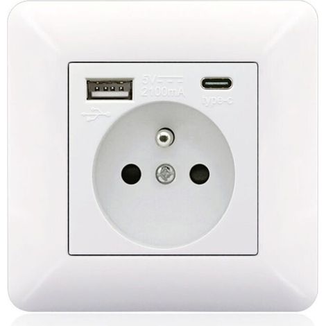 Panneau de prises françaises Type-c+USB16A Type 86, nombre de prises : 2 trous, nombre de ports USB : 1, nombre de ports type-c : 1, sûr et ferme(arc blanc) (1/3)