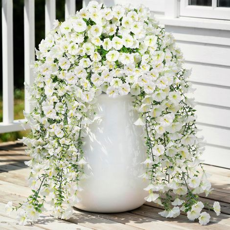 Artificial Hanging Flowers Fake Plants for Decoration, Summer Outdoor 2 PCS Morning Glories White Fake Silk, 29.5 Inches UV Resistant Realistic for Planters Terrace Balcony (1/5)