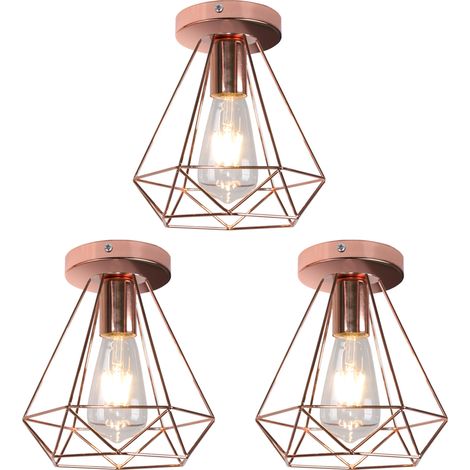 3PCS Lampe de Plafond 20cm Diamant Plafonnier Cage en Métal Doré Rose Luminaire pour Balcon Couloir Entrée (1/5)