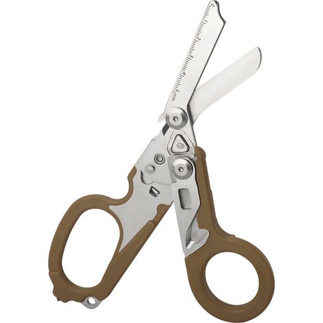 Tijeras plegables de acero inoxidable marrón, mango antideslizante, tijeras de emergencia plegables y retráctiles para viajes. (1/3)