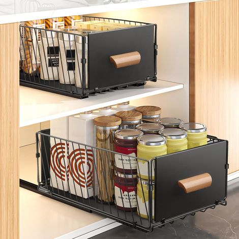 Lot de 2 Tiroir Coulissant Cuisine Extensible - Organisateur de Tiroir et Placard Sans Perçage, en Acier Inoxydable, 40 x 24 x 17 cm, Charge 20kg - Rangement pour Couverts, Épices, Bocaux (1/5)