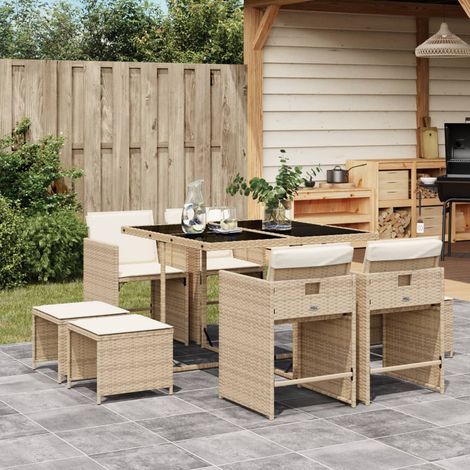 vidaXL 9 Piece Garden Dining Set with Cushions Beige Poly Rattan